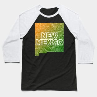 Colorful mandala art map of New Mexico with text in green and orange Baseball T-Shirt